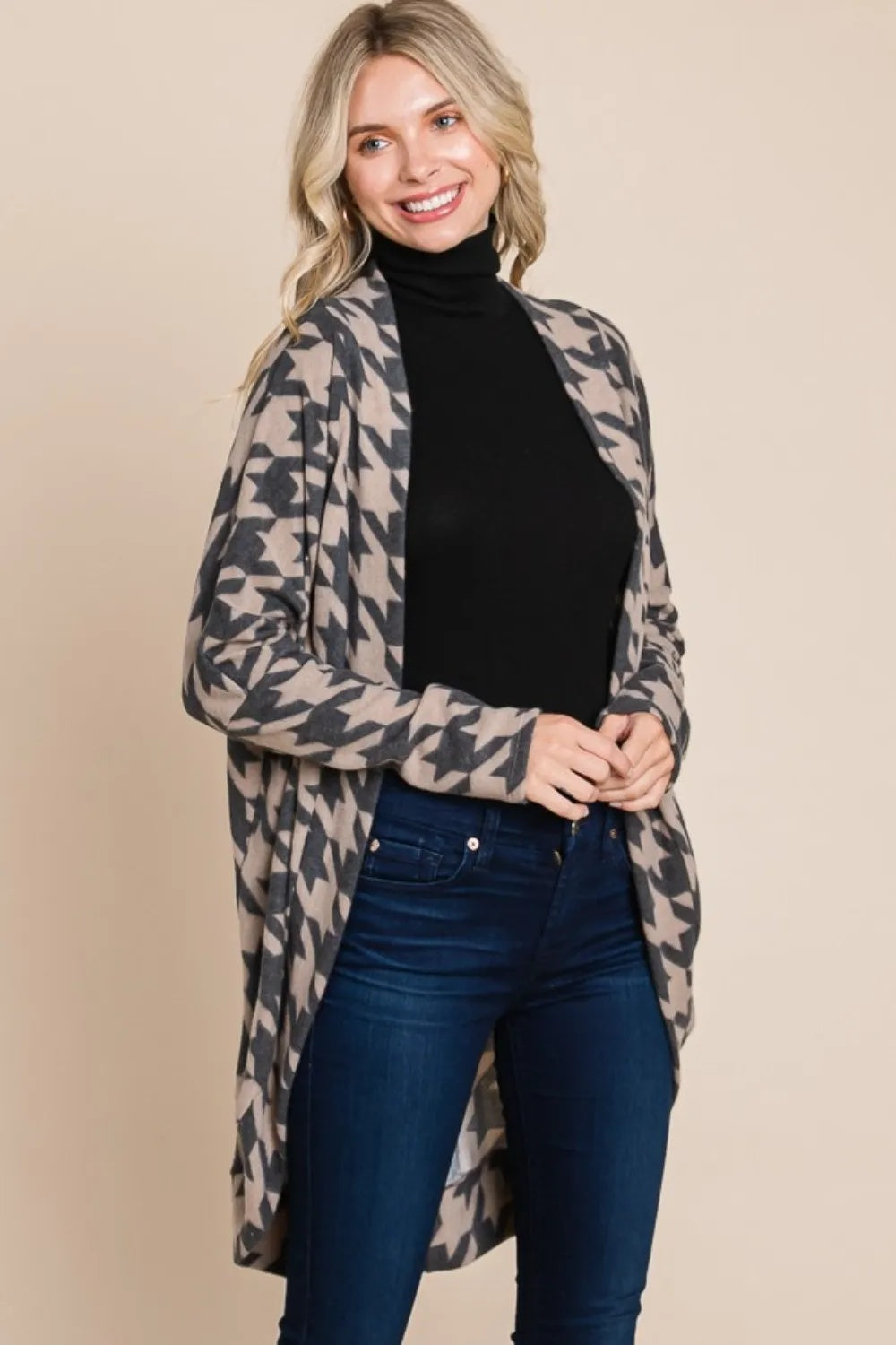 Houndstooth Open Front Knit Cardigan