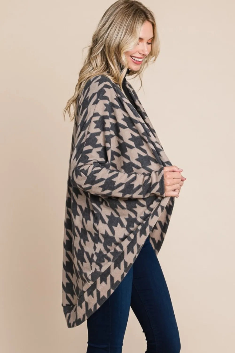 Houndstooth Open Front Knit Cardigan