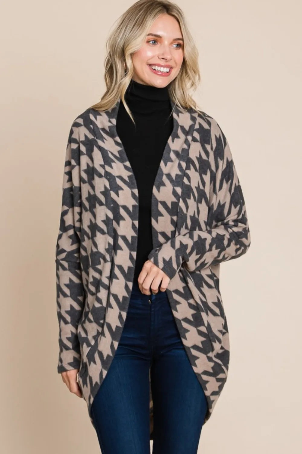 Houndstooth Open Front Knit Cardigan