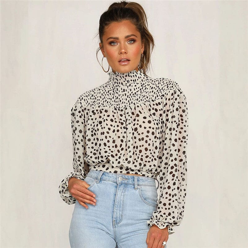 Polka Dot Chiffon Blouse – Tie Back High Neck Top Tops VAYORK STARS White L