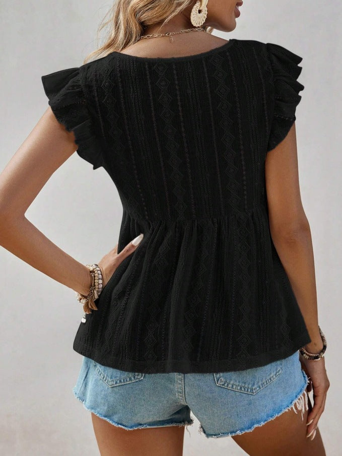Hollowed-Out V-Neck Lace Top Ruffled Short Sleeve