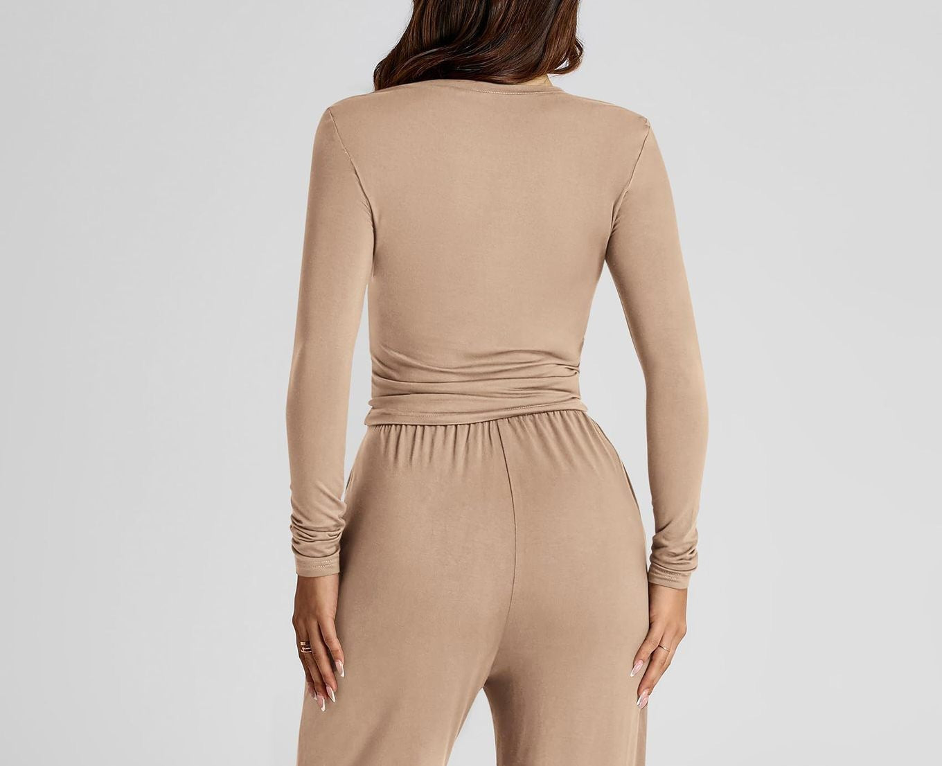 2-Piece Suit Long Sleeve Top & High-Waist Wide Leg Pants Solid