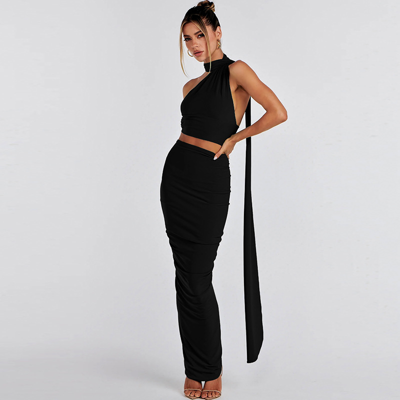 Backless Tube Top & Pleated Skirt Set Two-Piece