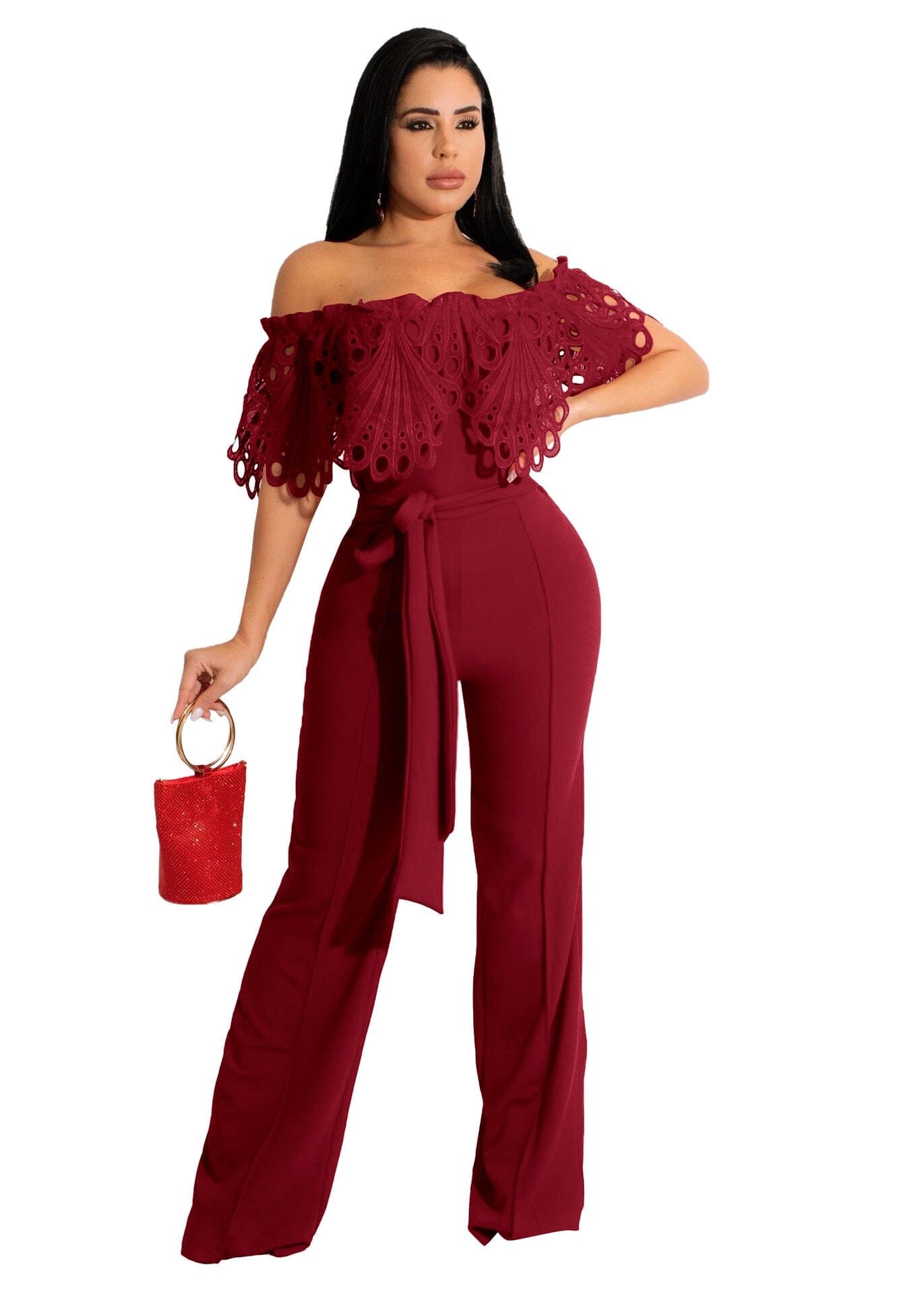 Ruffled Belt Slim Fit Jumpsuit Jumpsuits/Rompers VAYORK STARS L 2707 Wine Red