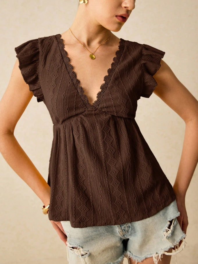 Hollowed-Out V-Neck Lace Top Ruffled Short Sleeve
