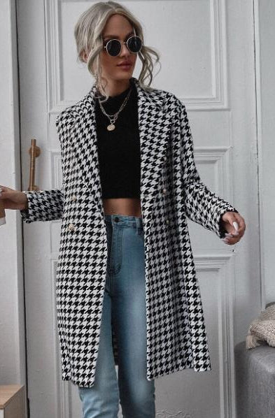 Mid-Length Houndstooth Double-Breasted Printed Jacket