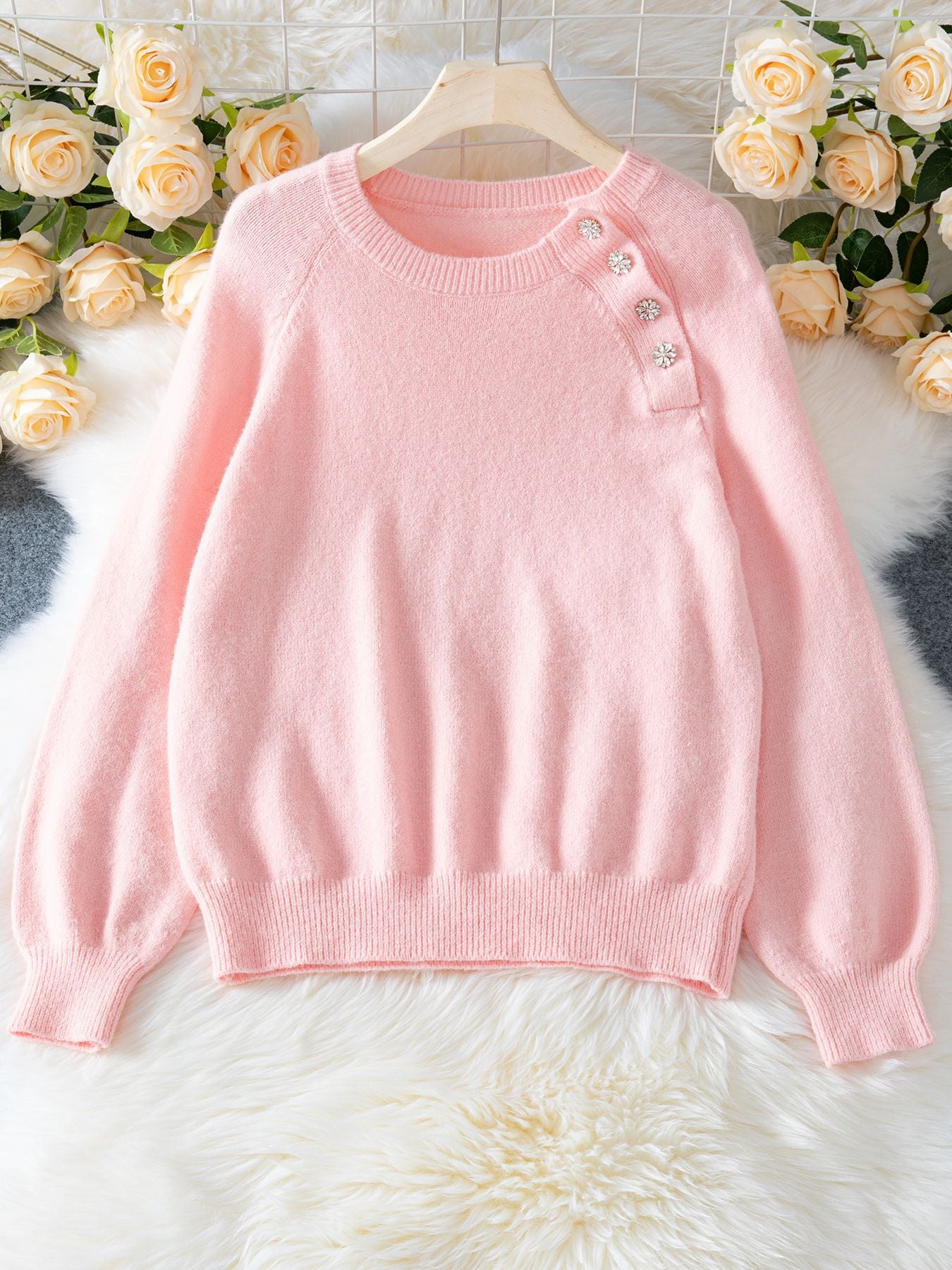 Raglan Sleeve Sweater Round Neck Button Knit Pullover