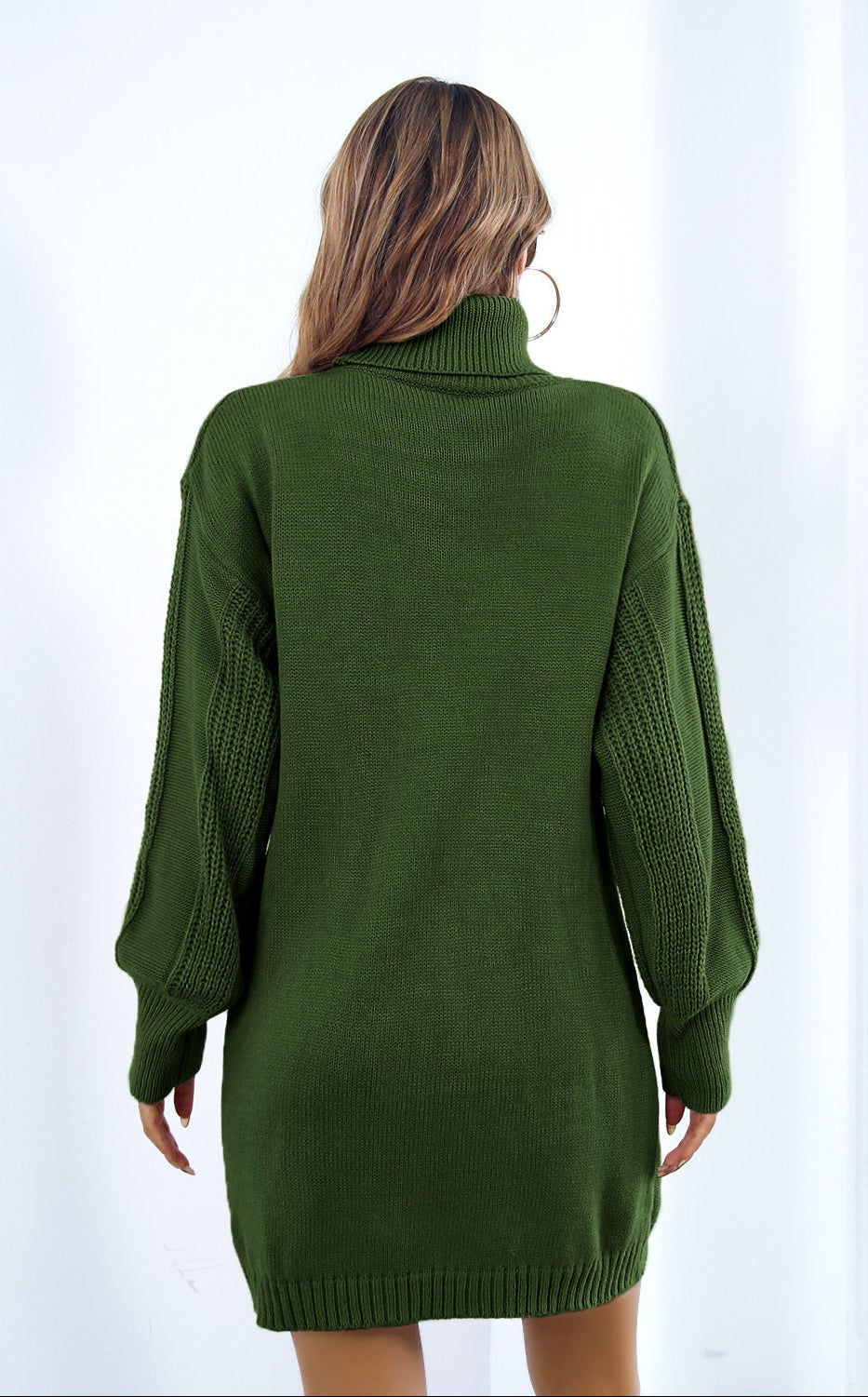 Turtleneck Sweater Dress Twist Knit Lantern Sleeve