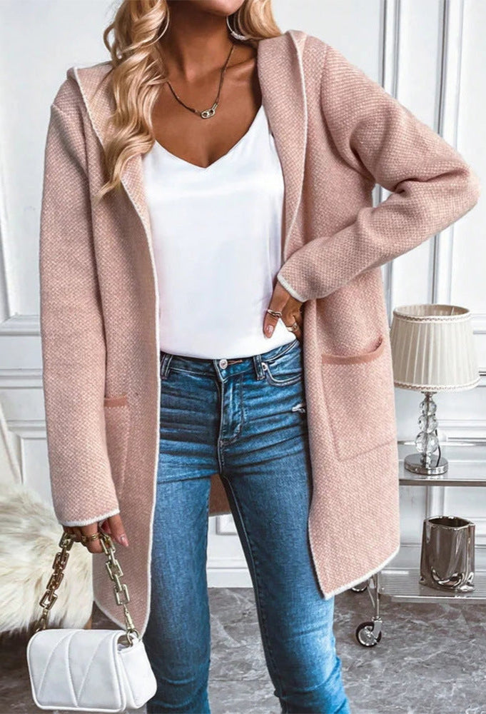 Loose Knitted Hooded Long Sleeve Coat with Pockets