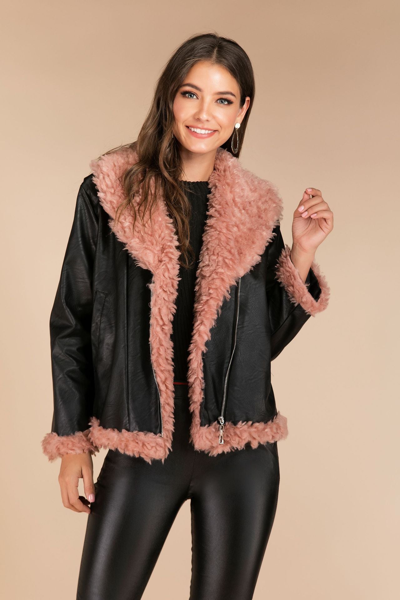 Sheepskin Leather Jacket with Raccoon Fur Collar Luxury