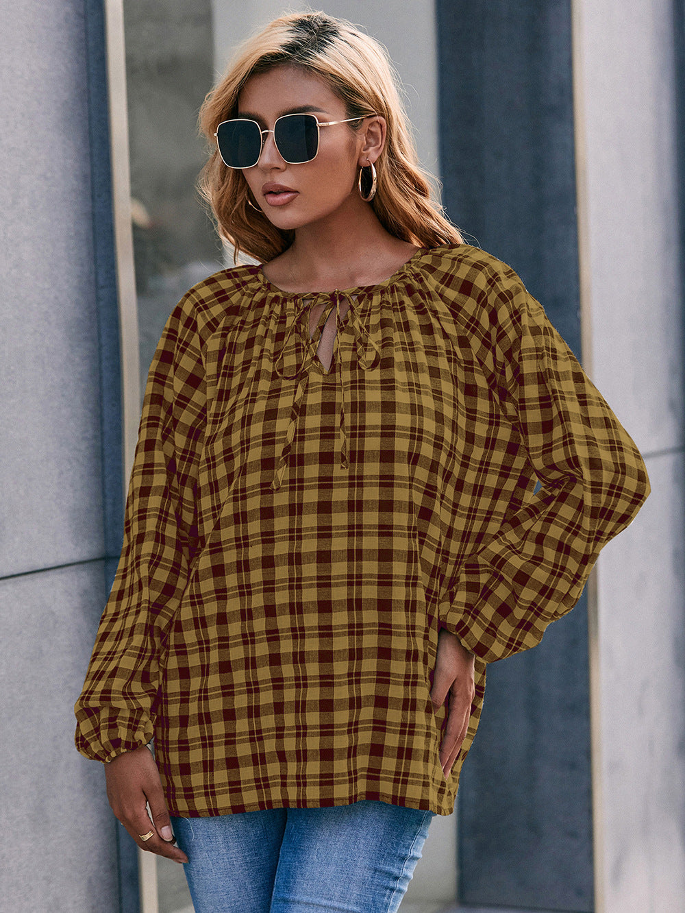 Casual Loose Fit Long-Sleeve Check V-Neck Tie Front Shirt Top