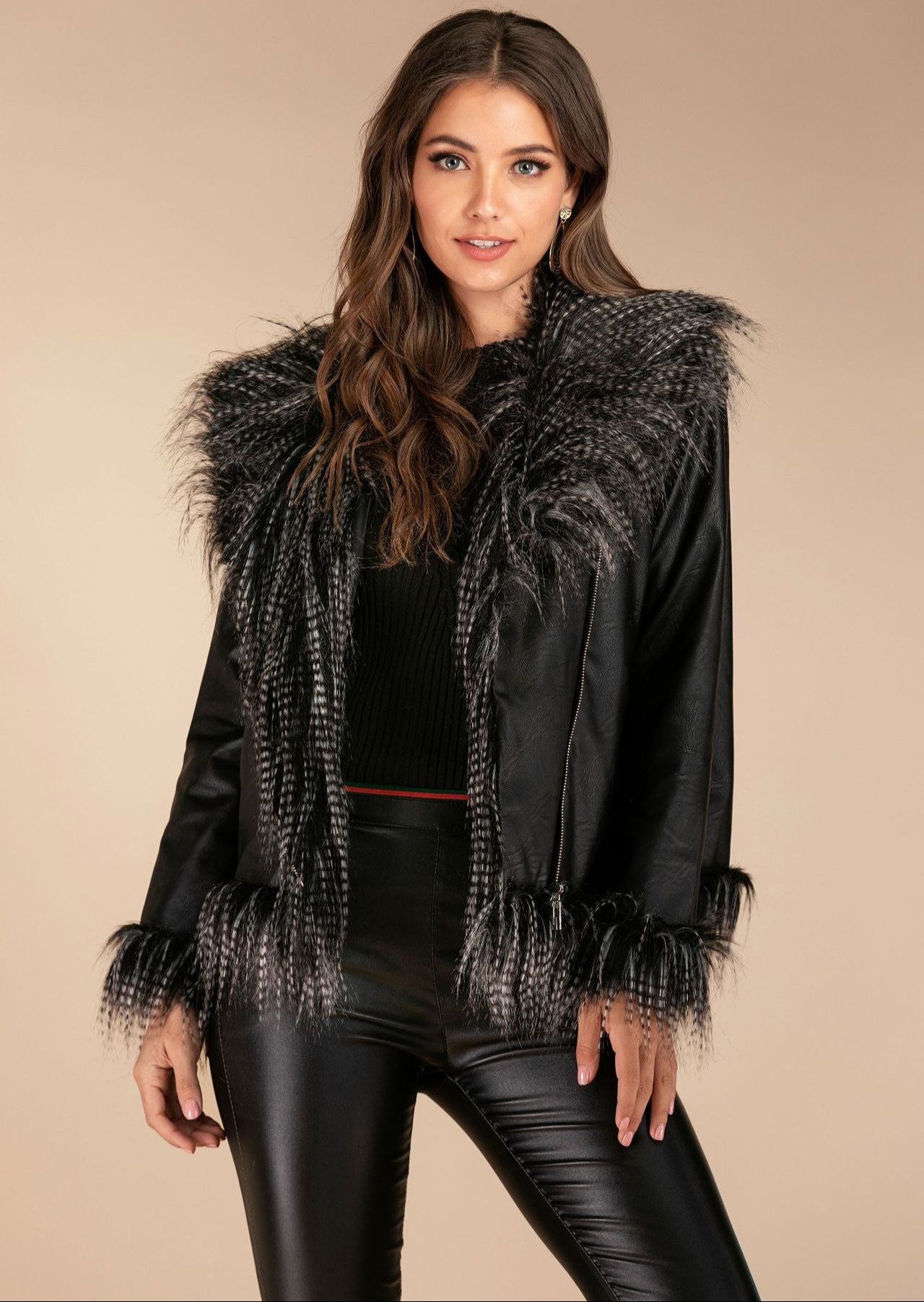 Sheepskin Leather Jacket with Raccoon Fur Collar Luxury