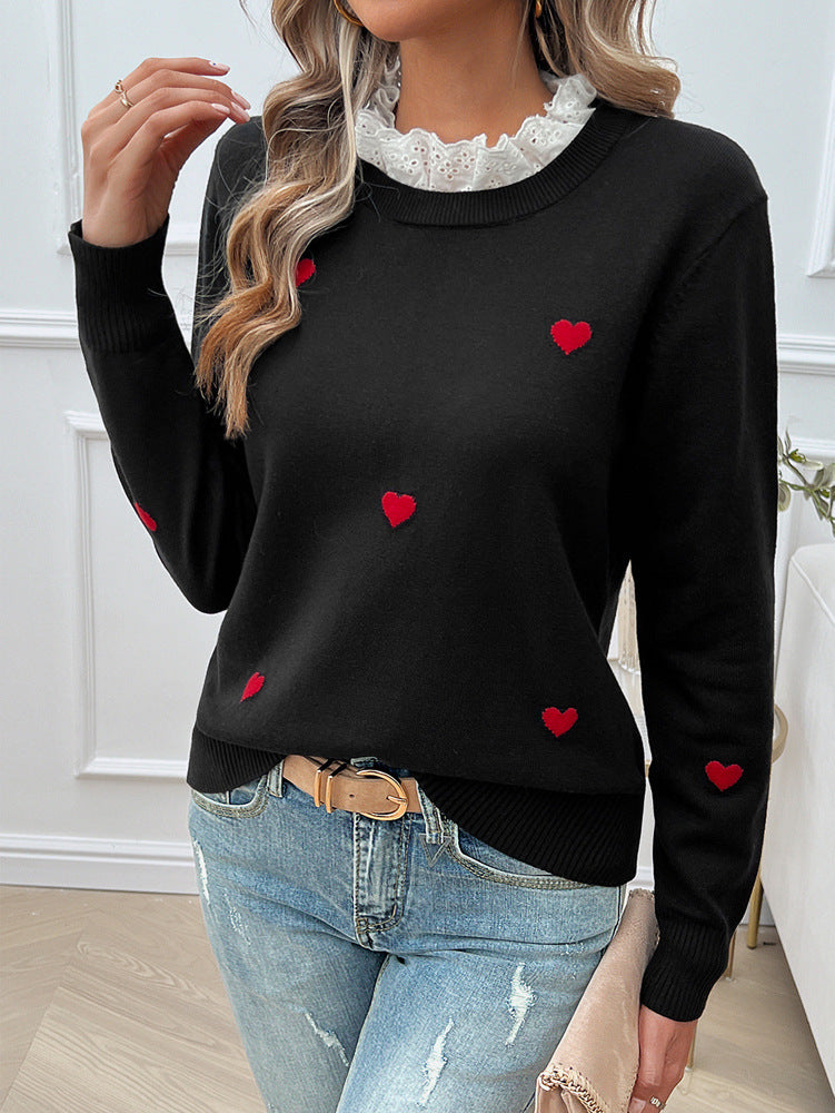 Sweet Cute Embroidered Love Sweater with Lace Collar