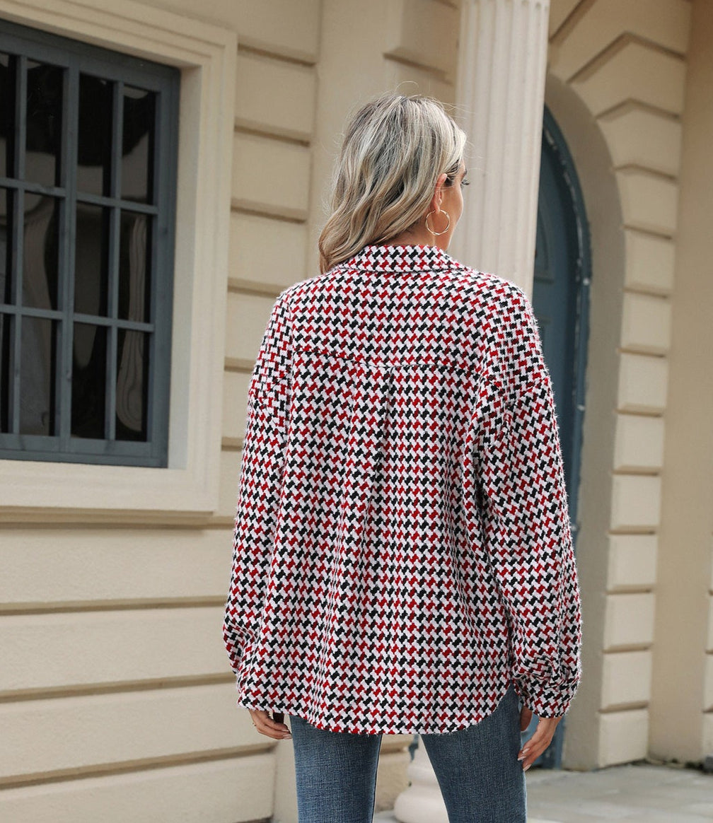Lapel Plaid Multi-Button Long Sleeve Woolen Loose Fit Winter Jacket