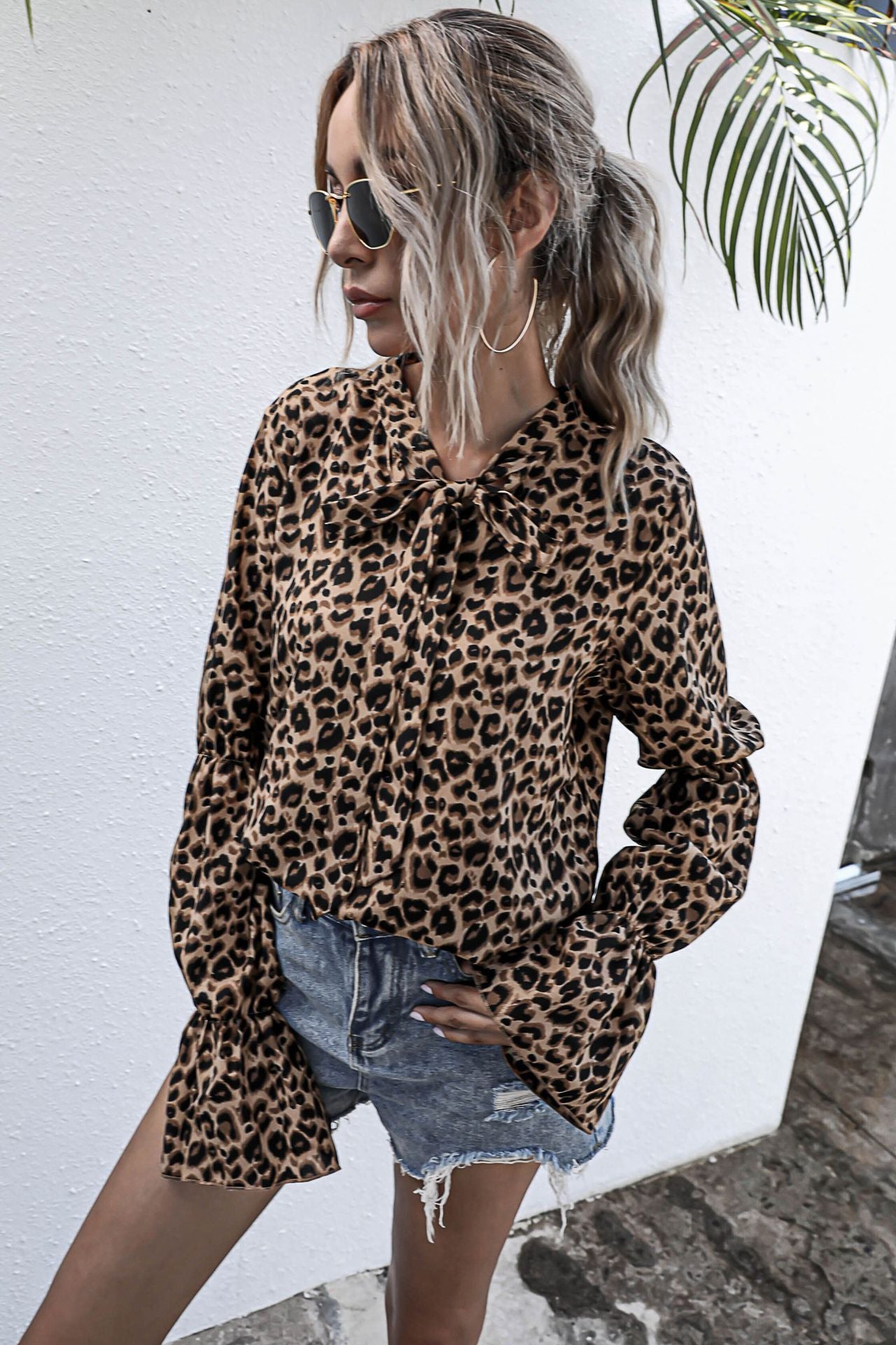 Leopard Print Lace-up Lantern Sleeve Blouse