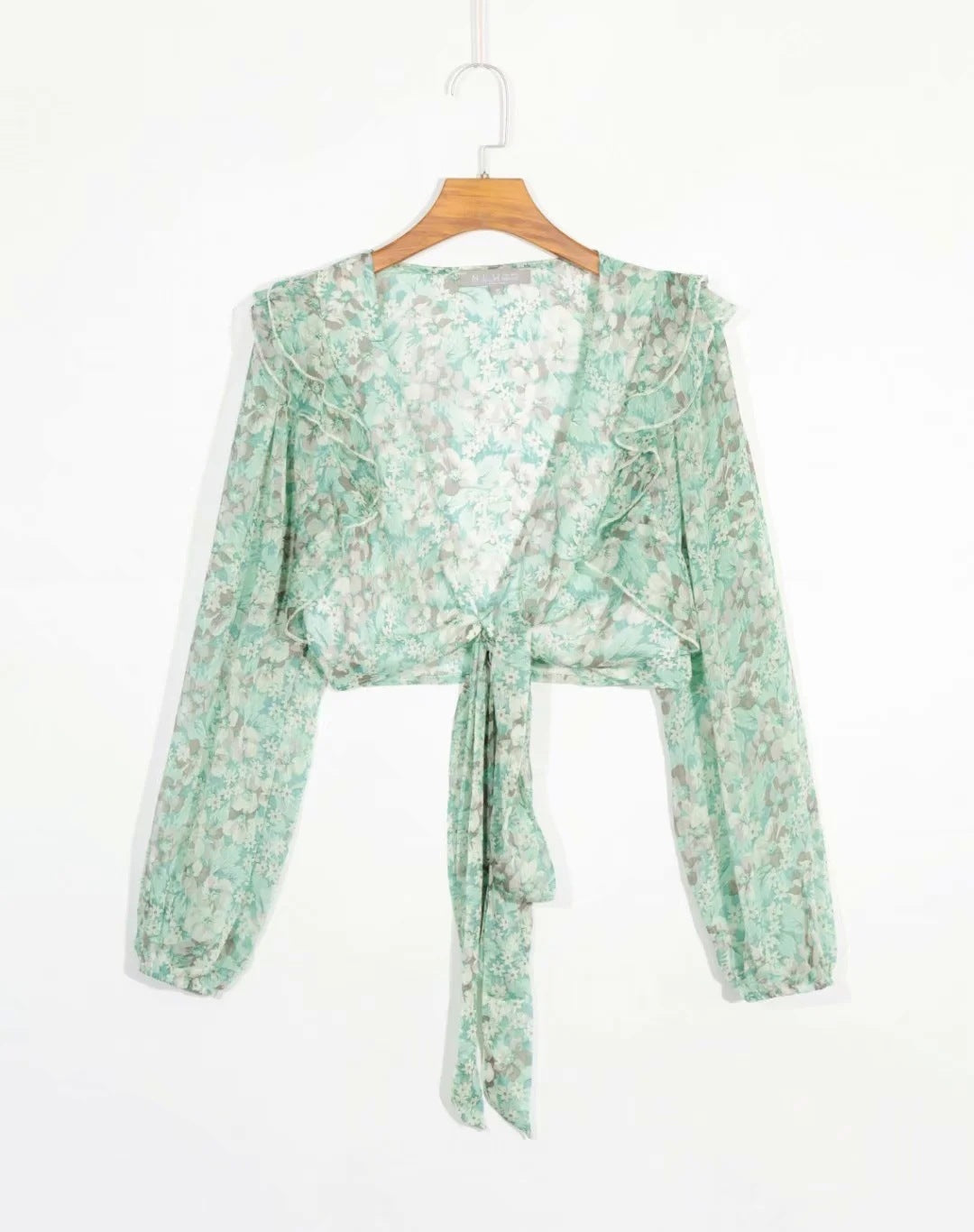 Floral Print Top with Long Sleeves and Deep V-neck Tie
