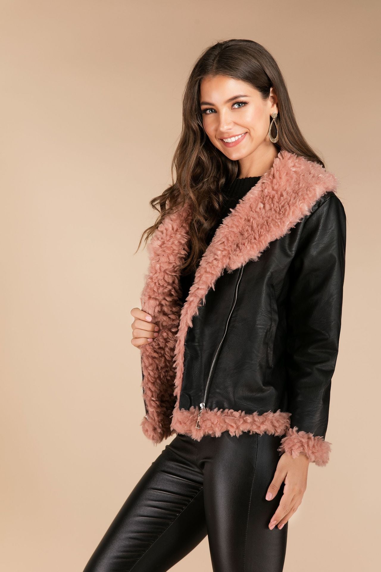 Sheepskin Leather Jacket with Raccoon Fur Collar Luxury