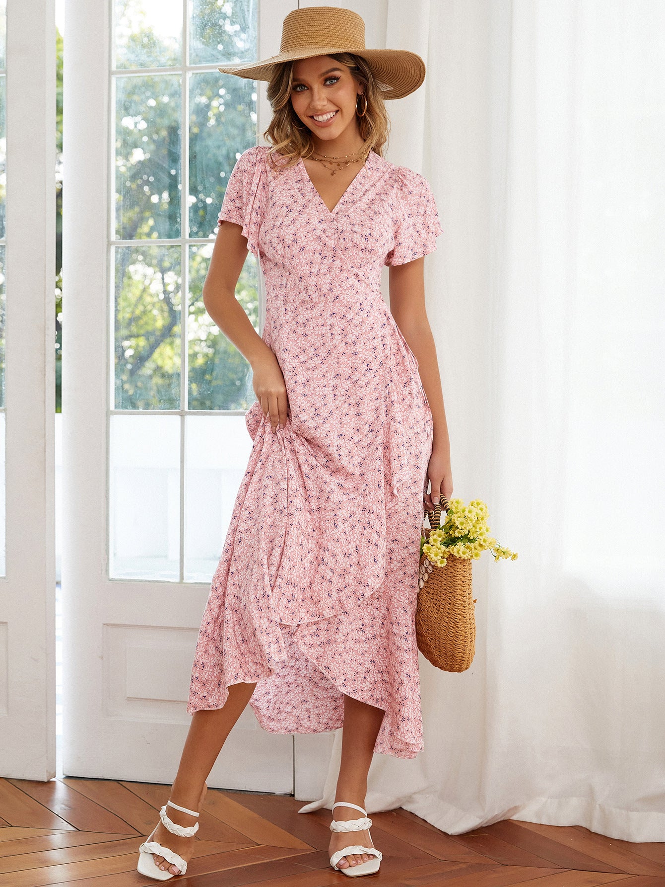 Floral Swing Dress Irregular Hem V-Neck