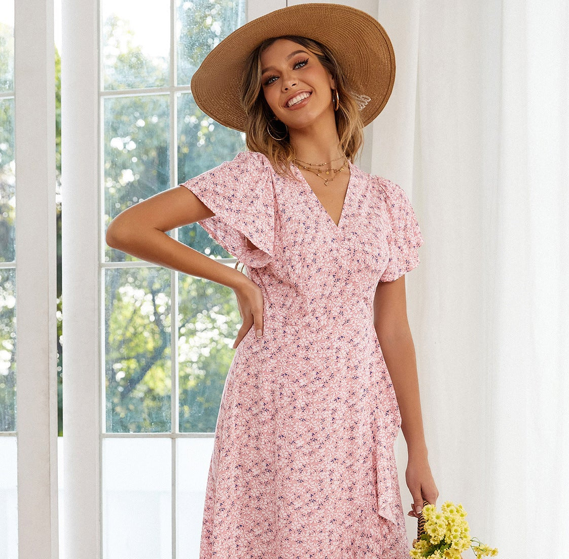 Floral Swing Dress Irregular Hem V-Neck