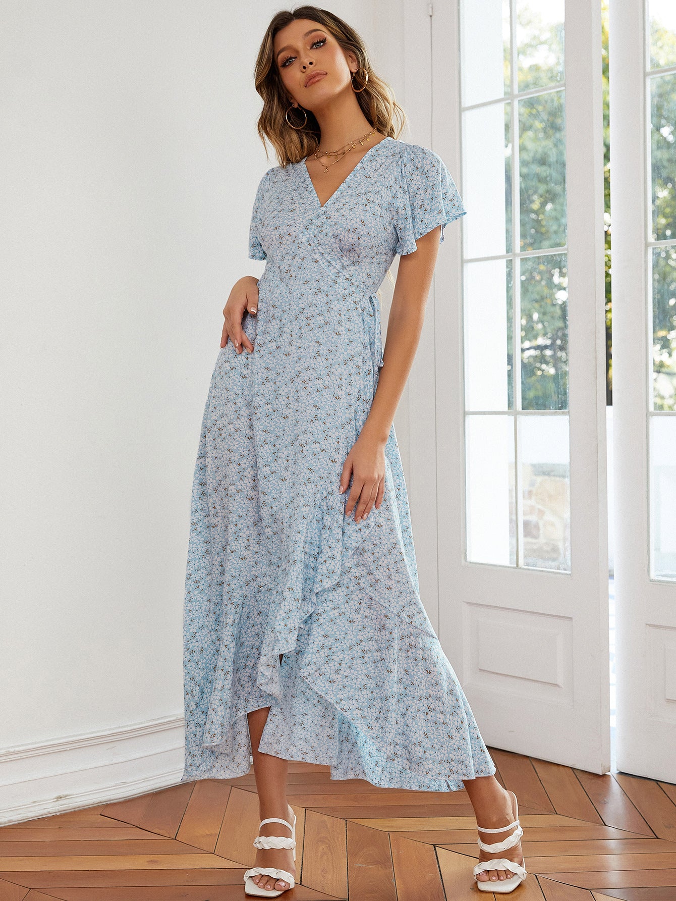 Floral Swing Dress Irregular Hem V-Neck