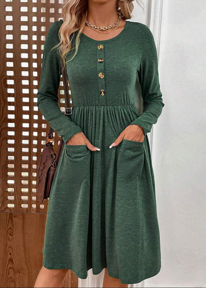 Knitted Long-Sleeve Dress Waist-Tight Round Neck with Button Pocket