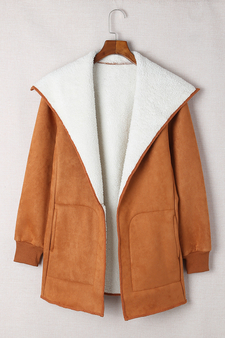 Pure Suede Jacket Long Loose Lapel Coat with Long Sleeves