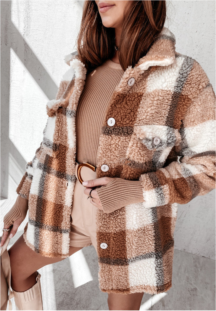 Long Sleeve Plaid Furry Double Pocket Warm