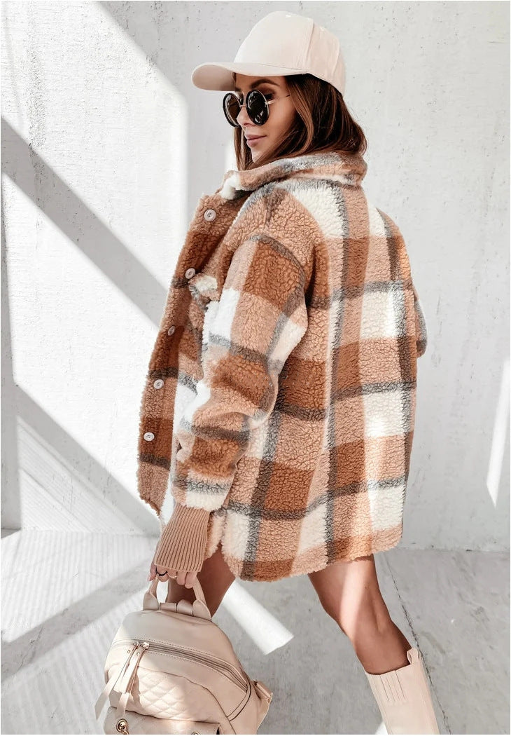 Long Sleeve Plaid Furry Double Pocket Warm