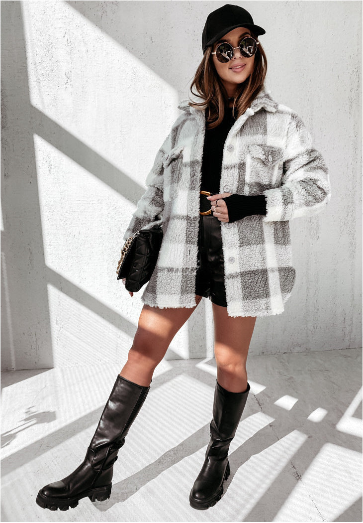 Long Sleeve Plaid Furry Double Pocket Warm