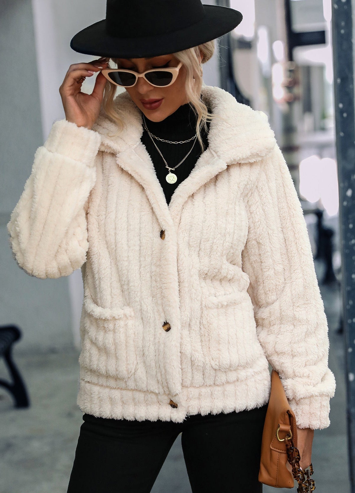 Single-Breasted Lapel Fleece Jacket Long Sleeve