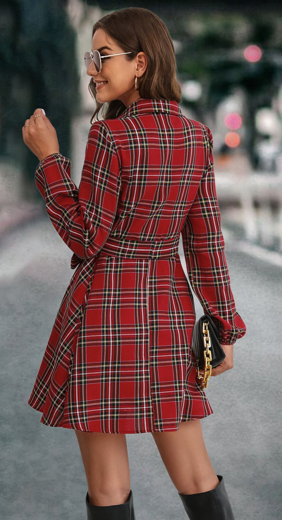 Lantern Sleeve Plaid Shirt Dress Loose