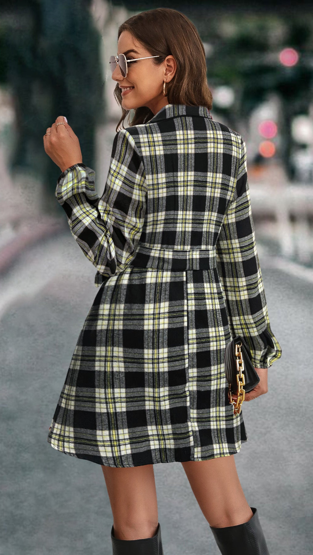Lantern Sleeve Plaid Shirt Dress Loose