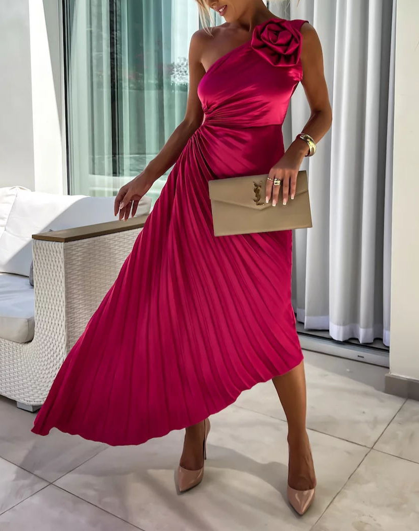 Pleated One-Shoulder Dress with Rose Flower Asymmetrical
