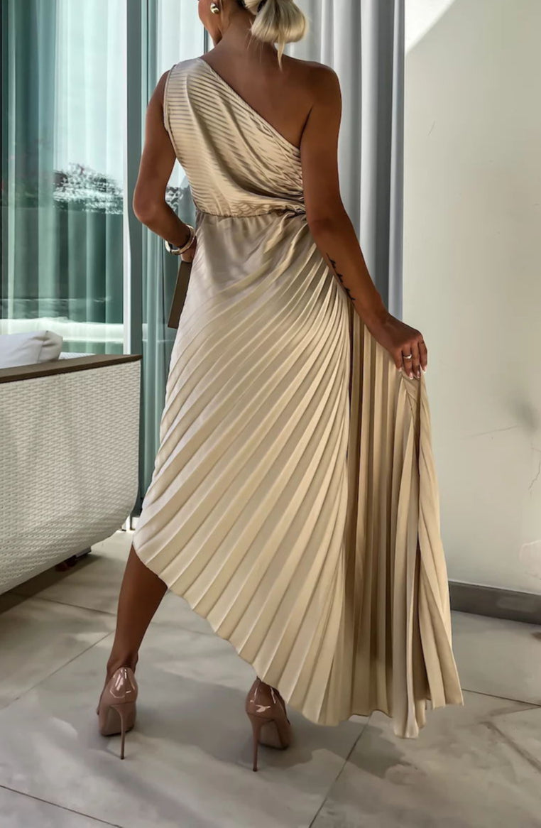 Pleated One-Shoulder Dress with Rose Flower Asymmetrical