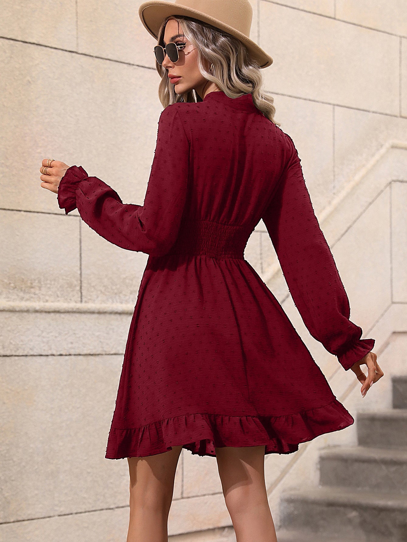 Tight Waist Solid Color Bow Tie Long Sleeve Dress