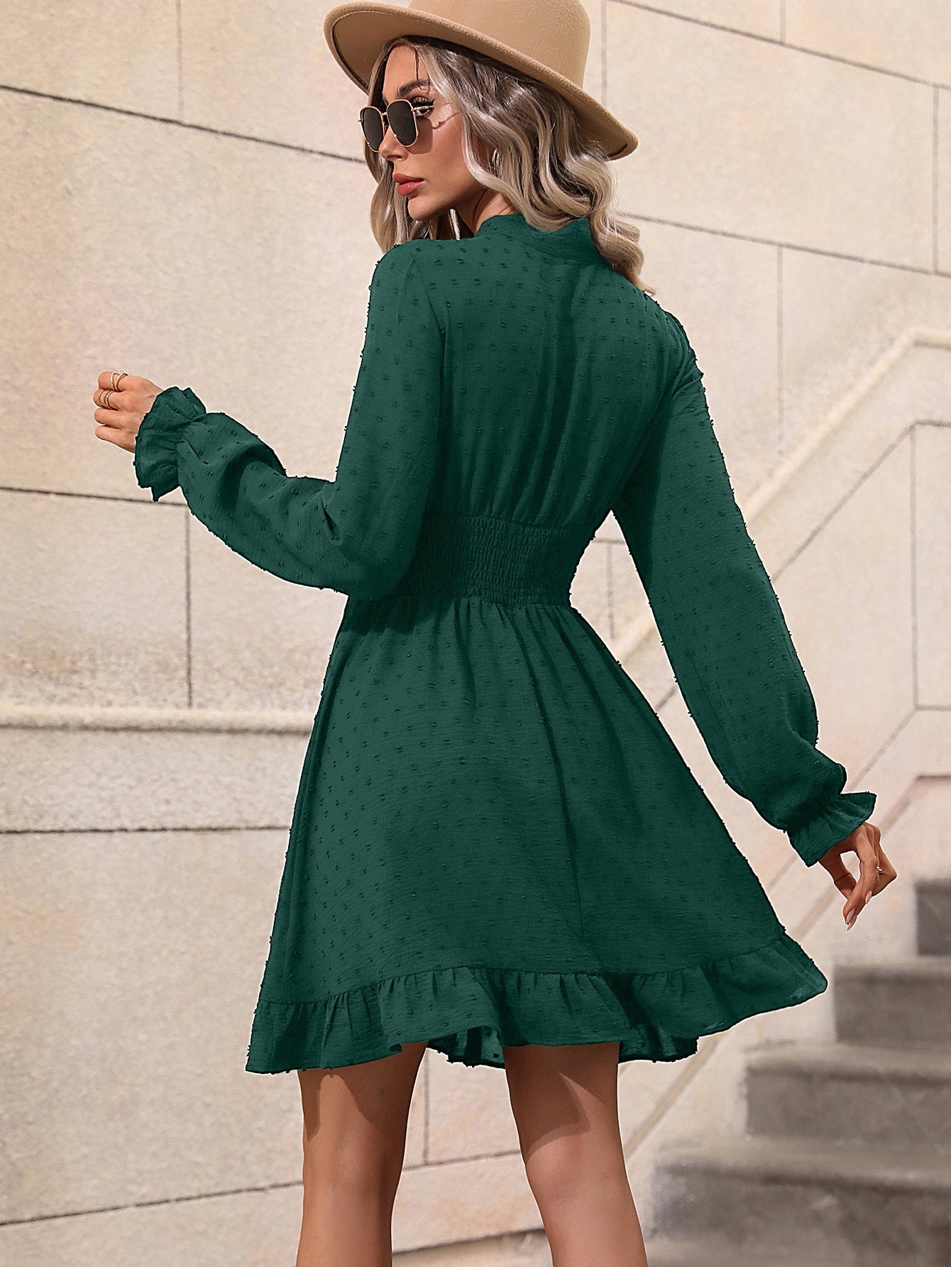 Tight Waist Solid Color Bow Tie Long Sleeve Dress