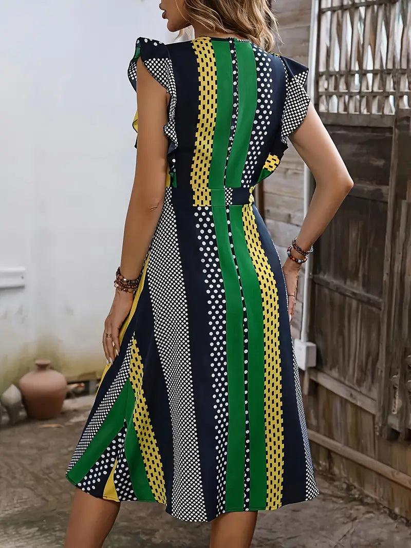 Striped Dress Round Neck Flounced Sleeve