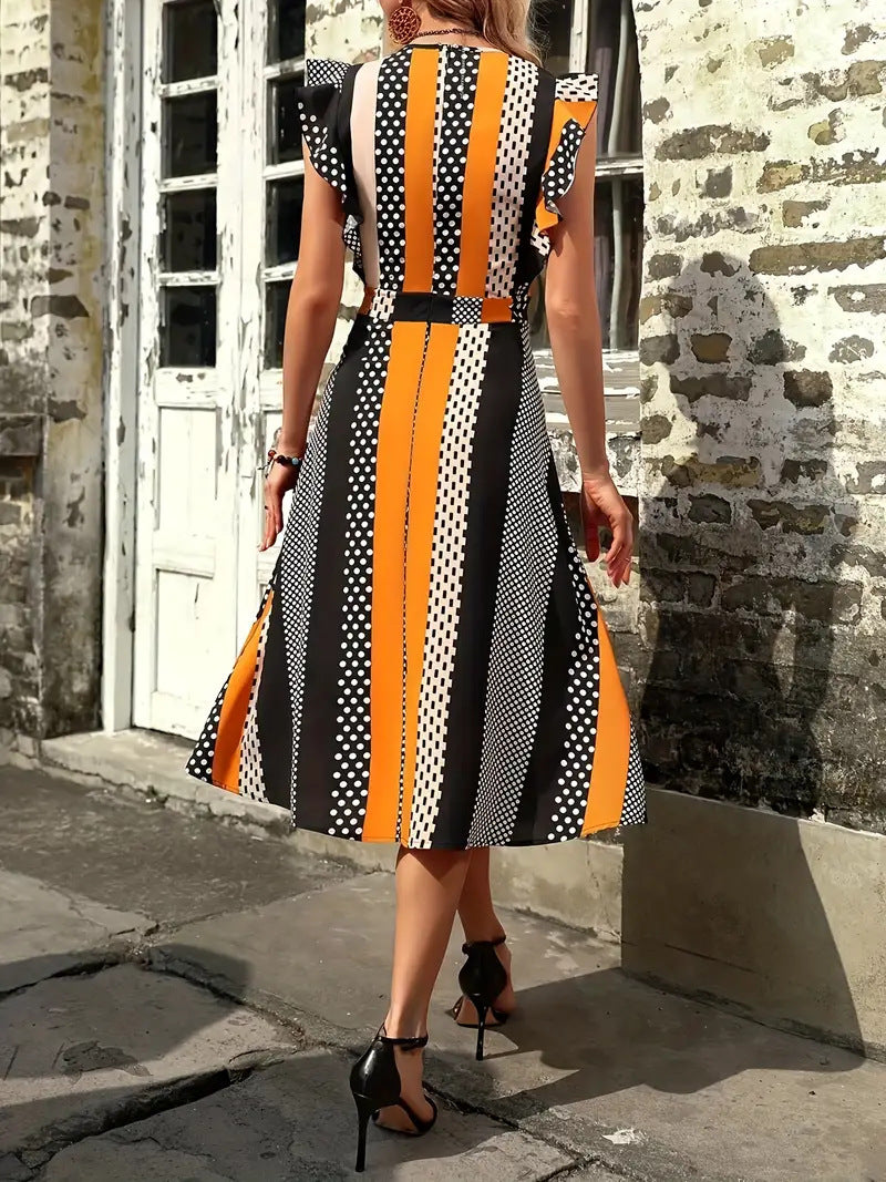 Striped Dress Round Neck Flounced Sleeve