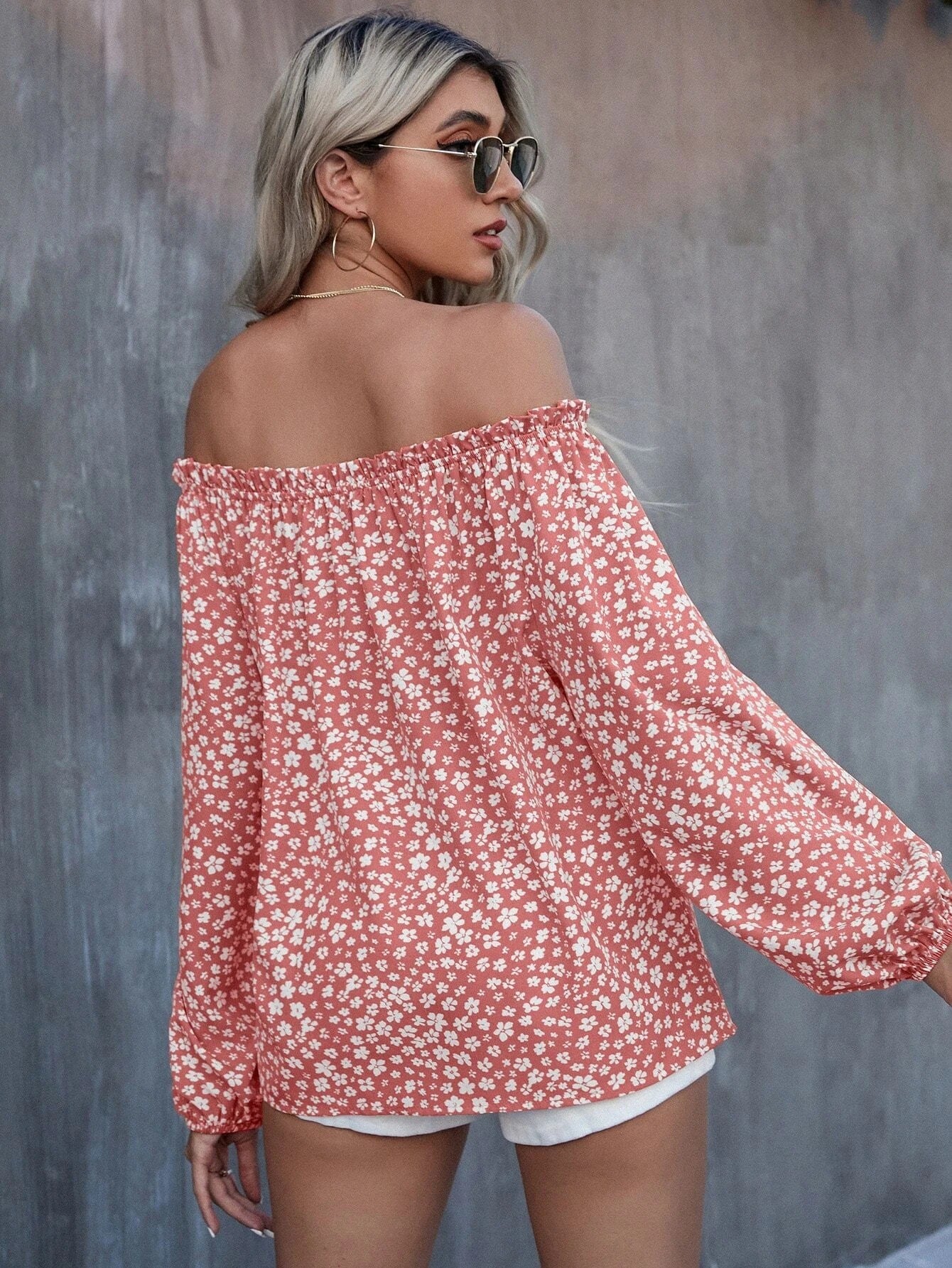 Off-Shoulder Printed Long Sleeve Loose Shirt