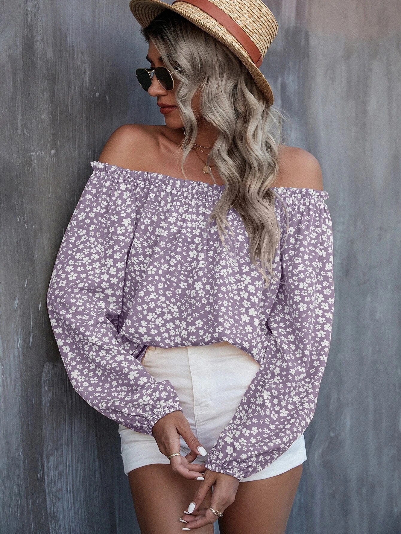 Off-Shoulder Printed Long Sleeve Loose Shirt