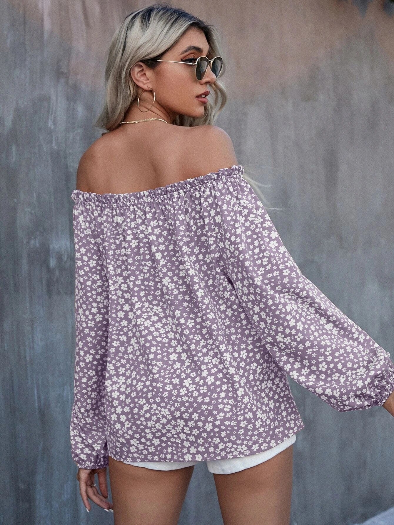 Off-Shoulder Printed Long Sleeve Loose Shirt