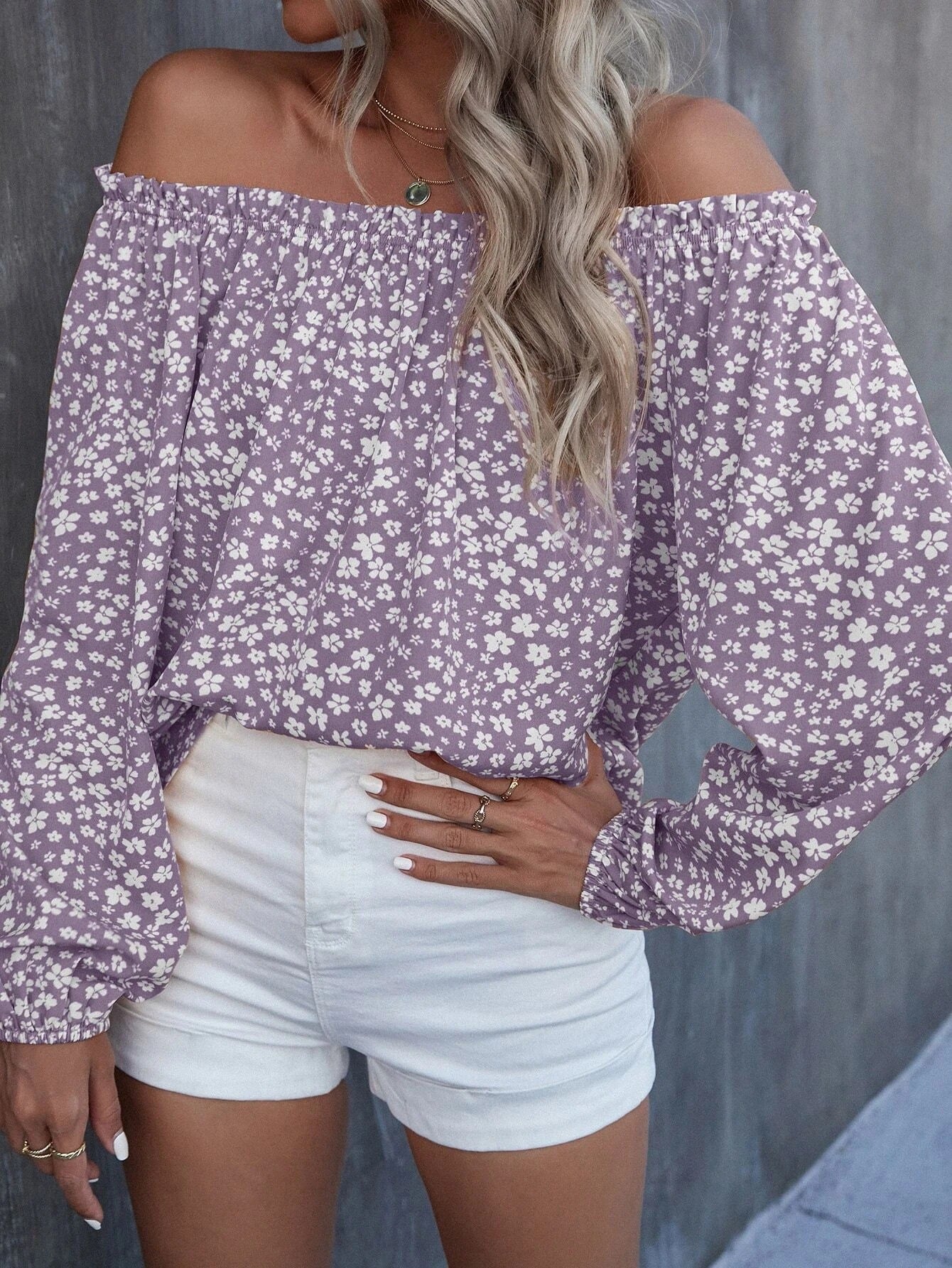 Off-Shoulder Printed Long Sleeve Loose Shirt