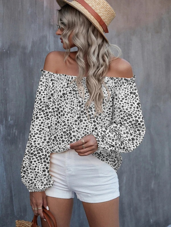 Off-Shoulder Printed Long Sleeve Loose Shirt