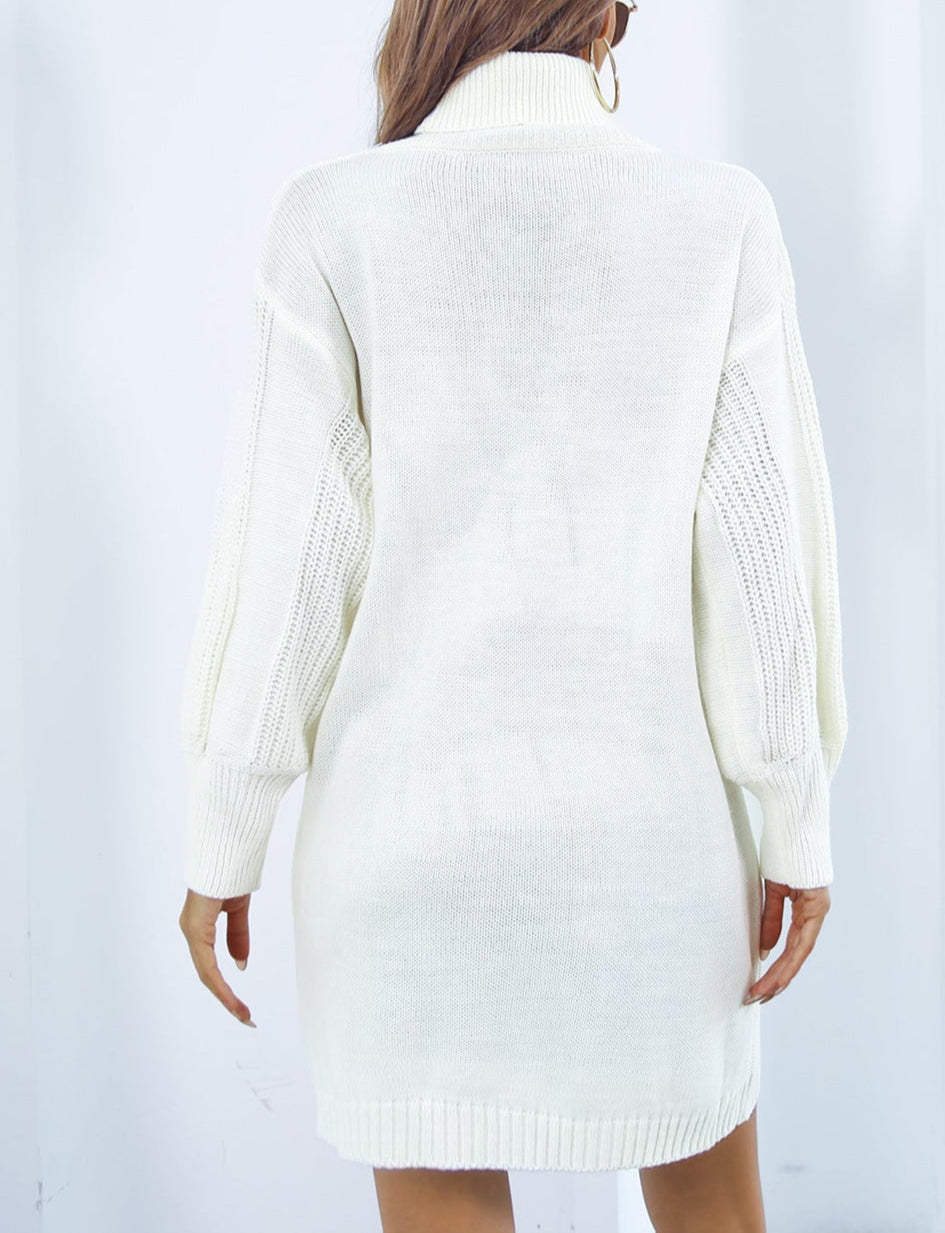 Turtleneck Sweater Dress Twist Knit Lantern Sleeve