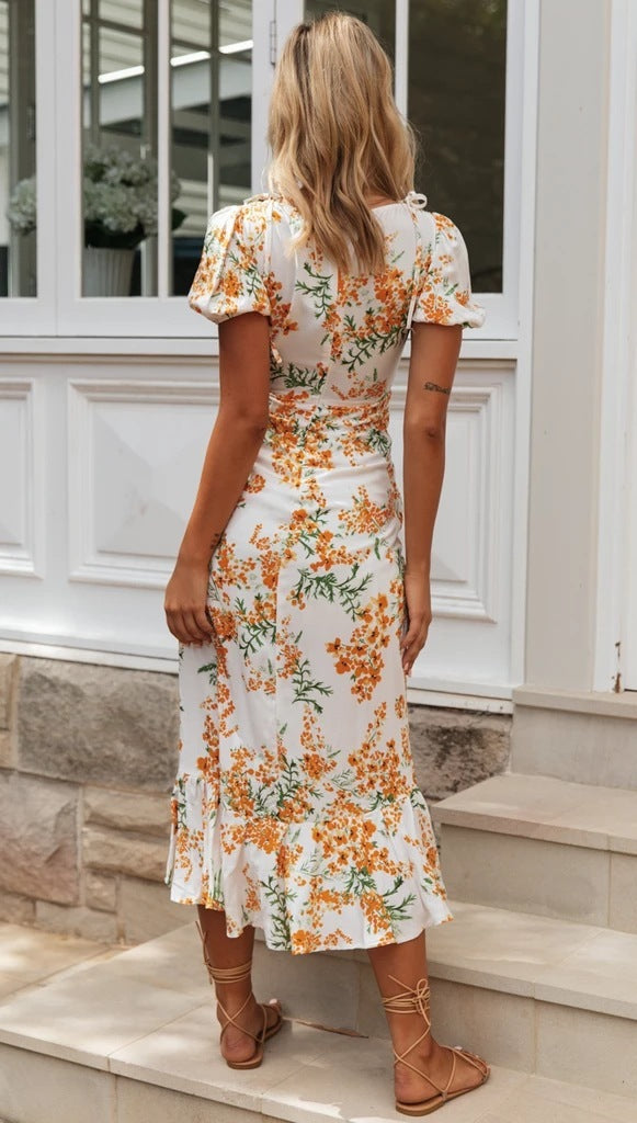 V-Neck High Waist Dress Irregular Hem with Button Detail