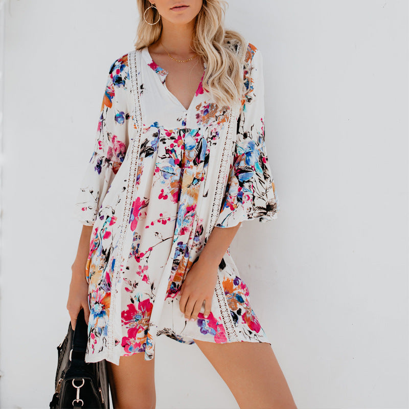 V-neck Flowers Sleeve Blouse