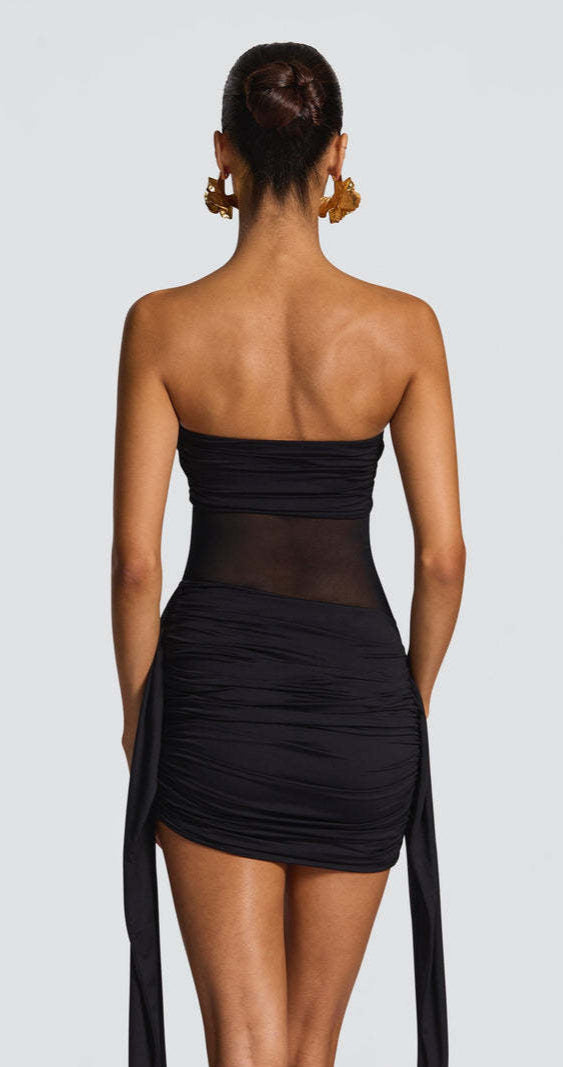 Elegant Mesh Dress Pleated Slit Hemline Evening Gown