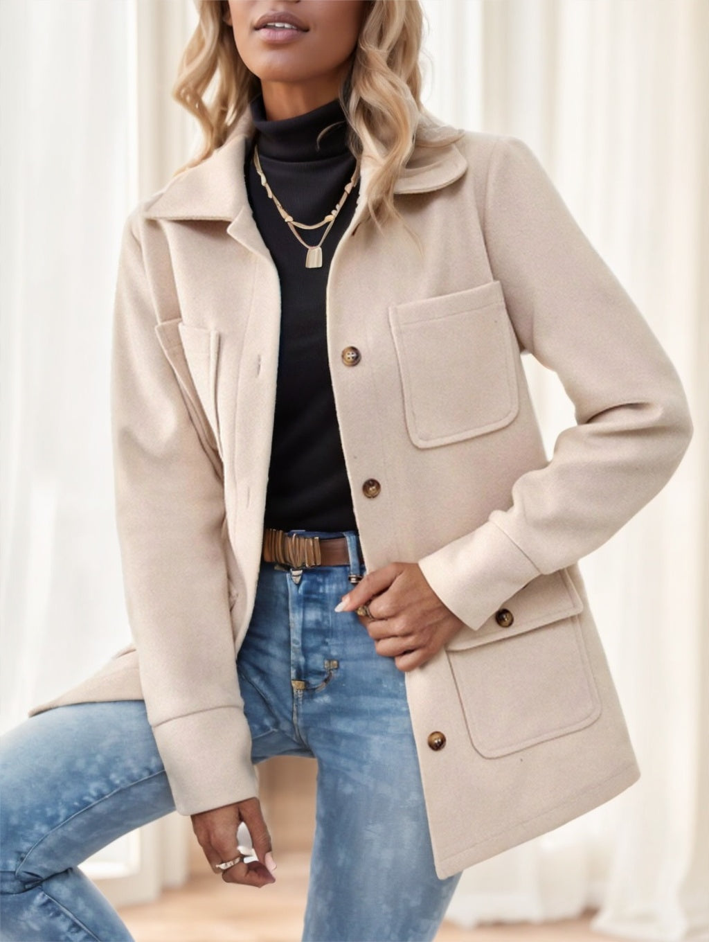 Solid Color Multi-Pocket Jacket Versatile Coat