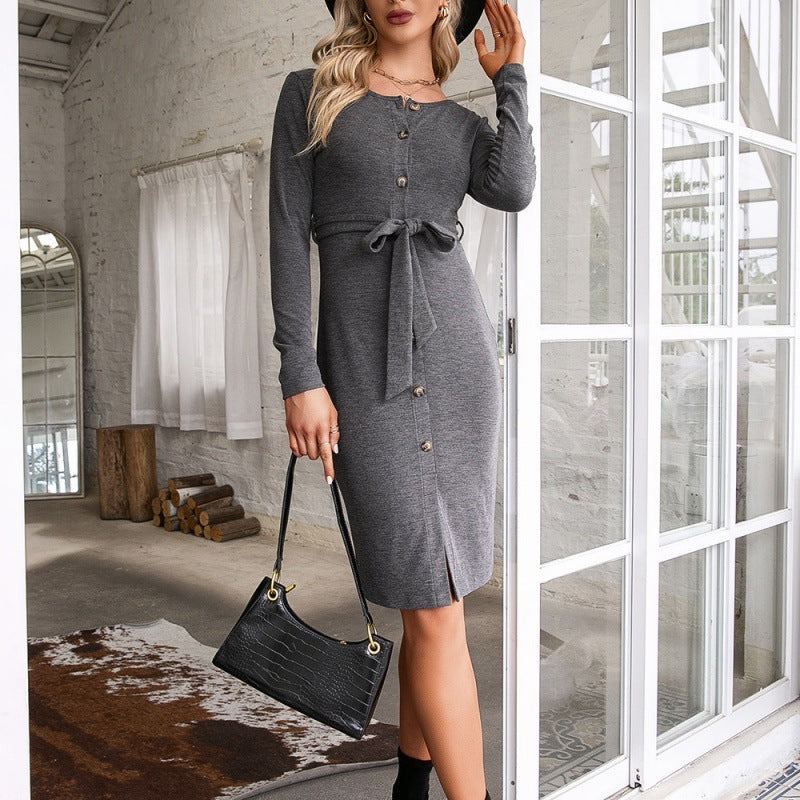 Tie Round Neck Slim Split Knit Cardigan