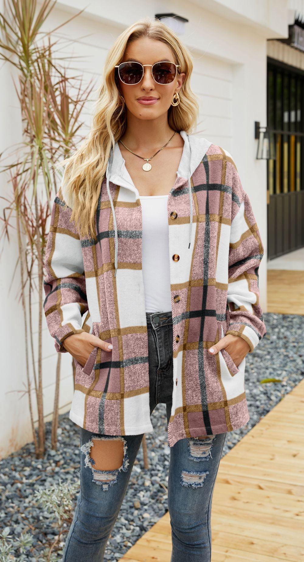 Plaid Hooded Coat Casual Loose Shirt Jacket